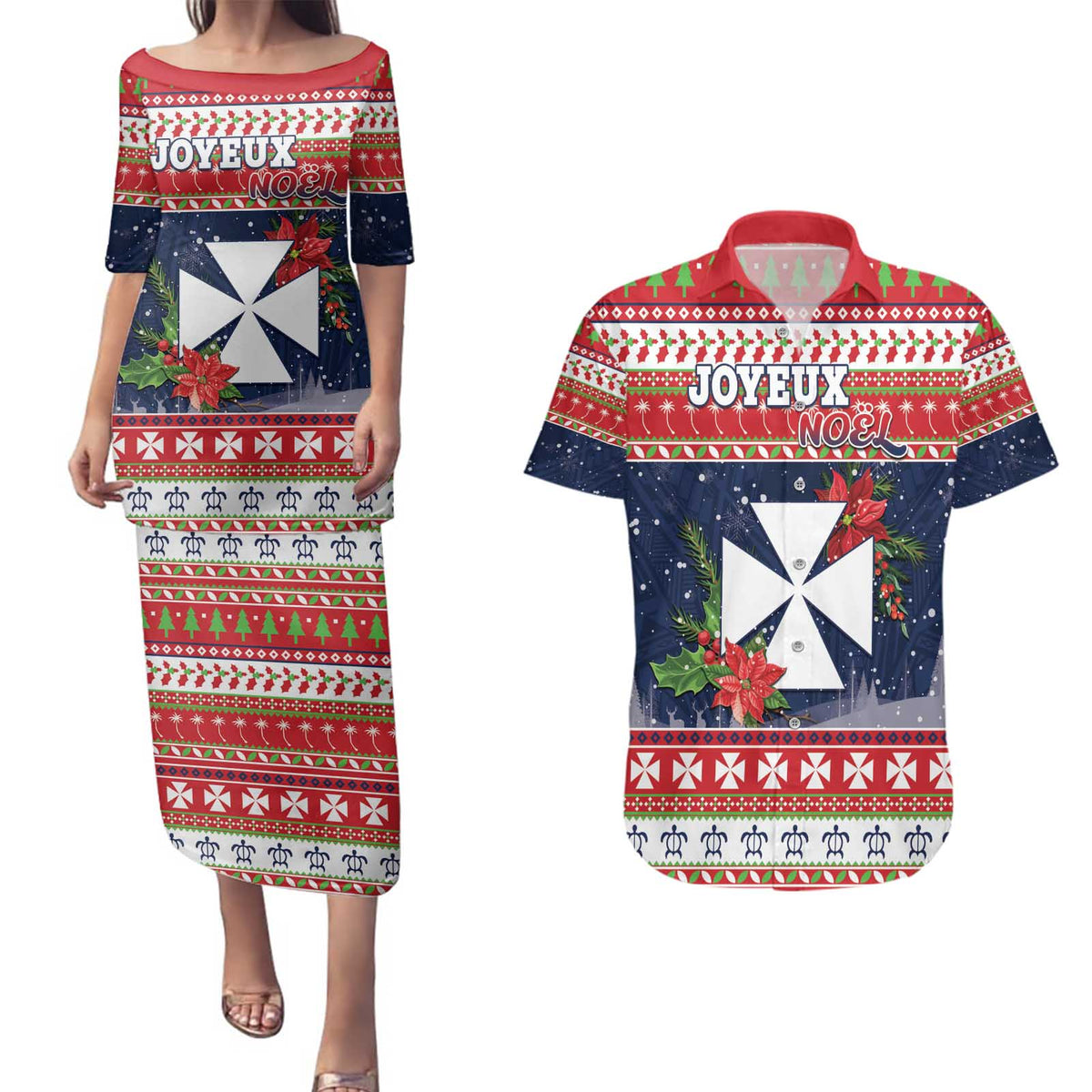 Wallis and Futuna Christmas Couples Matching Puletasi and Hawaiian Shirt Poinsettia Joyeux Noel LT05 Red - Polynesian Pride