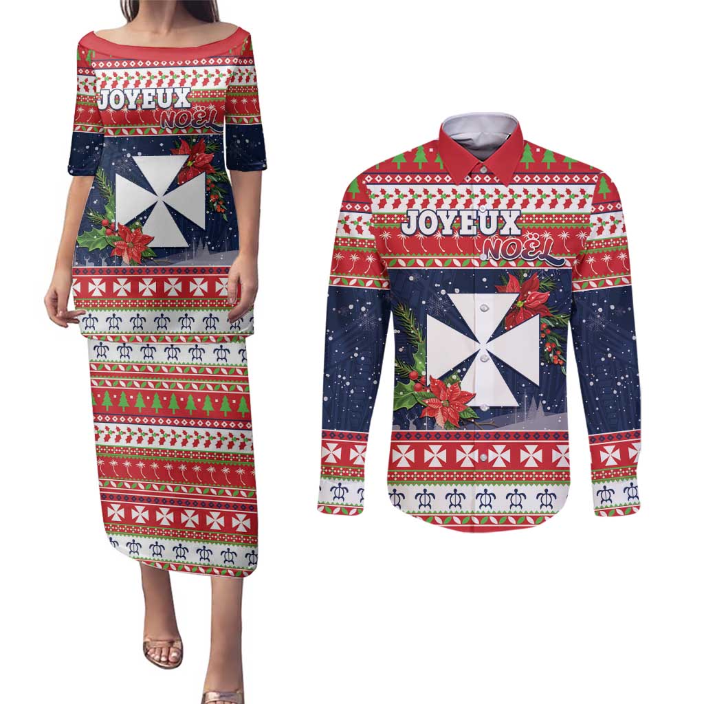 Wallis and Futuna Christmas Couples Matching Puletasi and Long Sleeve Button Shirt Poinsettia Joyeux Noel LT05 Red - Polynesian Pride