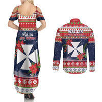 Wallis and Futuna Christmas Couples Matching Summer Maxi Dress and Long Sleeve Button Shirt Poinsettia Joyeux Noel LT05 - Polynesian Pride