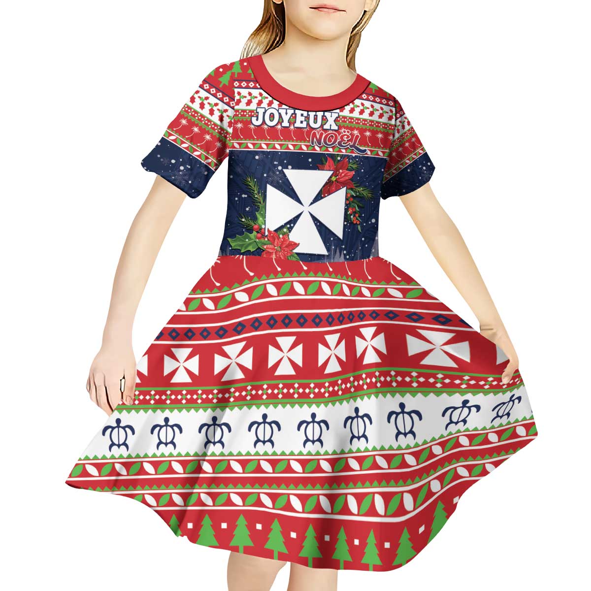 Wallis and Futuna Christmas Kid Short Sleeve Dress Poinsettia Joyeux Noel LT05 - Polynesian Pride