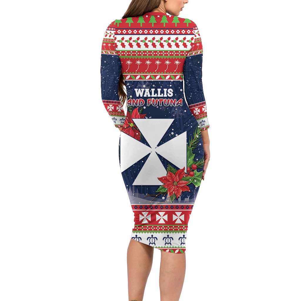 Wallis and Futuna Christmas Long Sleeve Bodycon Dress Poinsettia Joyeux Noel LT05 - Polynesian Pride