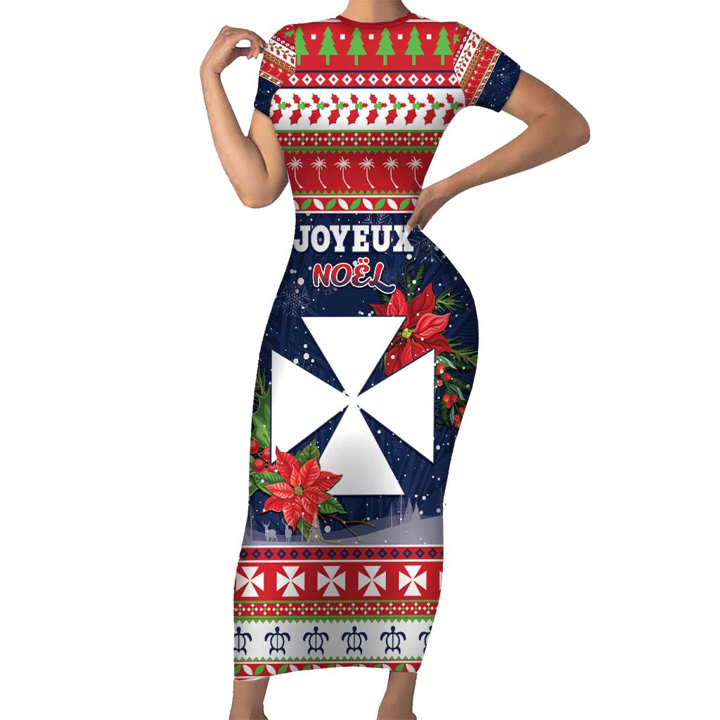Wallis and Futuna Christmas Short Sleeve Bodycon Dress Poinsettia Joyeux Noel LT05 Long Dress Red - Polynesian Pride