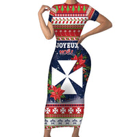 Wallis and Futuna Christmas Short Sleeve Bodycon Dress Poinsettia Joyeux Noel LT05 Long Dress Red - Polynesian Pride