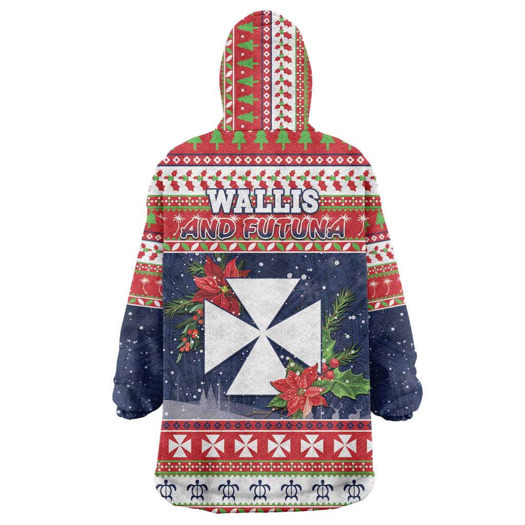 Wallis and Futuna Christmas Wearable Blanket Hoodie Poinsettia Joyeux Noel LT05 - Polynesian Pride