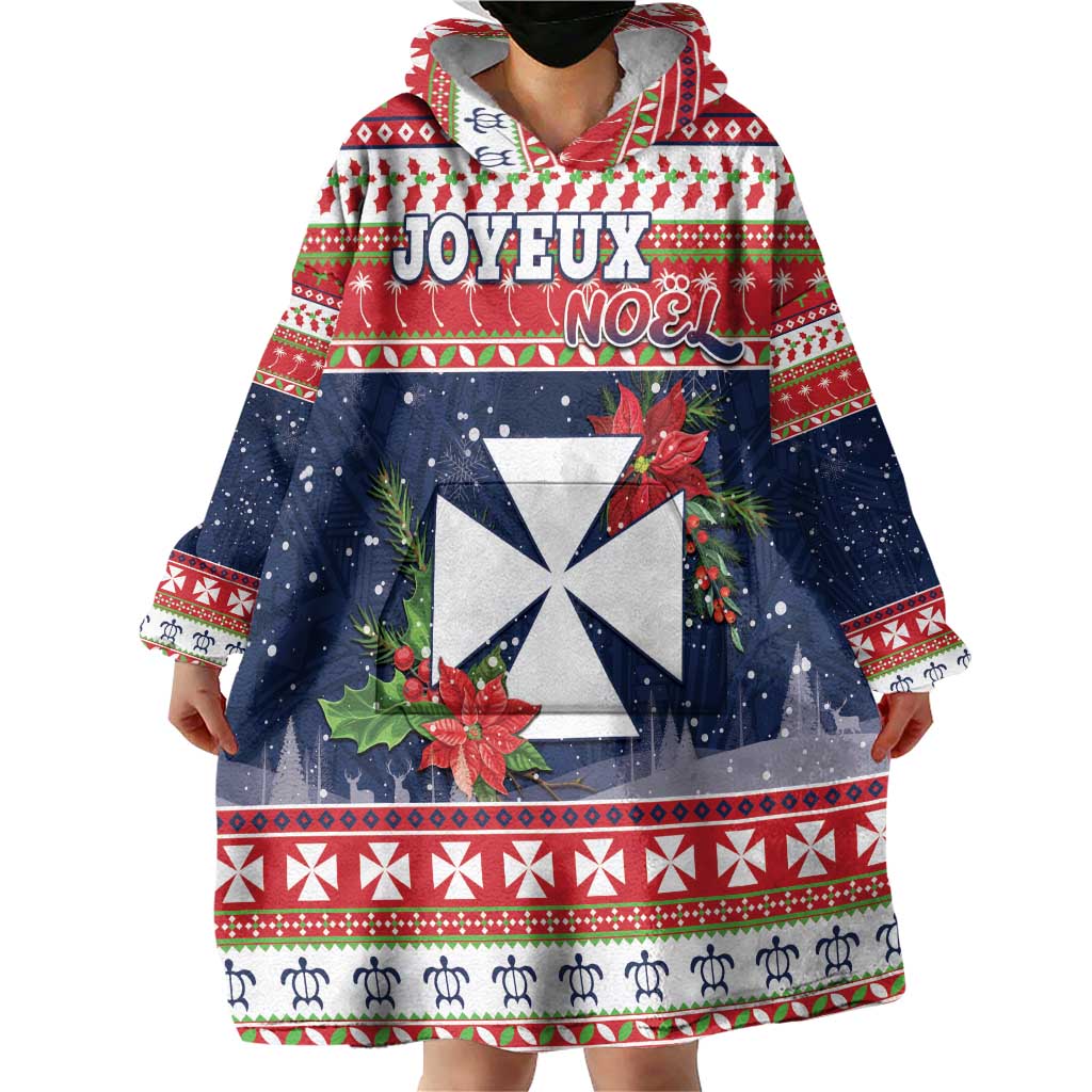 Wallis and Futuna Christmas Wearable Blanket Hoodie Poinsettia Joyeux Noel LT05 - Polynesian Pride