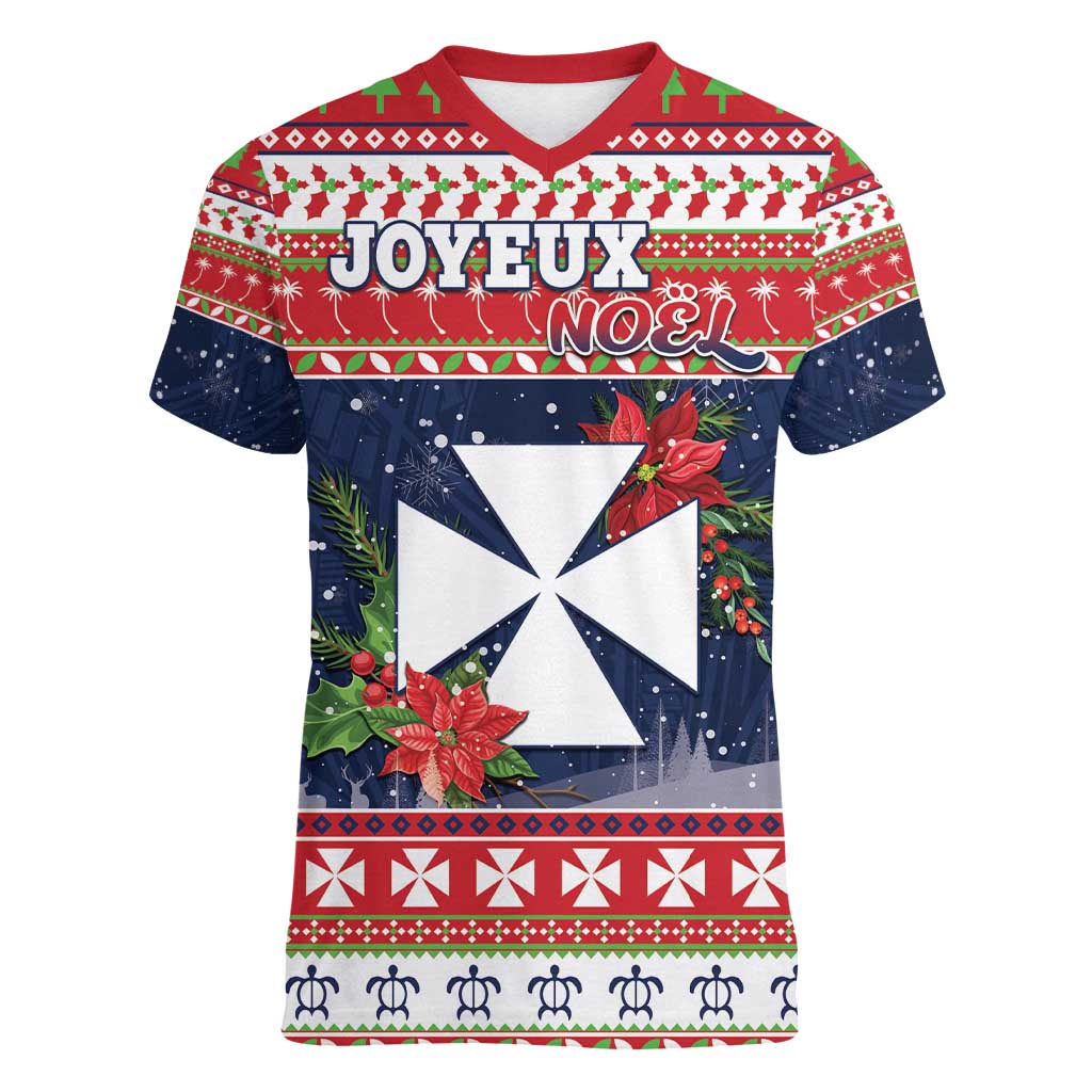 Wallis and Futuna Christmas Women V-Neck T-Shirt Poinsettia Joyeux Noel LT05 Female Red - Polynesian Pride