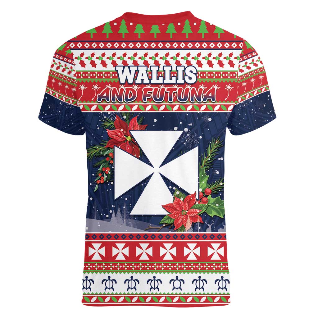 Wallis and Futuna Christmas Women V-Neck T-Shirt Poinsettia Joyeux Noel LT05 - Polynesian Pride
