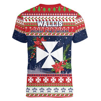 Wallis and Futuna Christmas Women V-Neck T-Shirt Poinsettia Joyeux Noel LT05 - Polynesian Pride