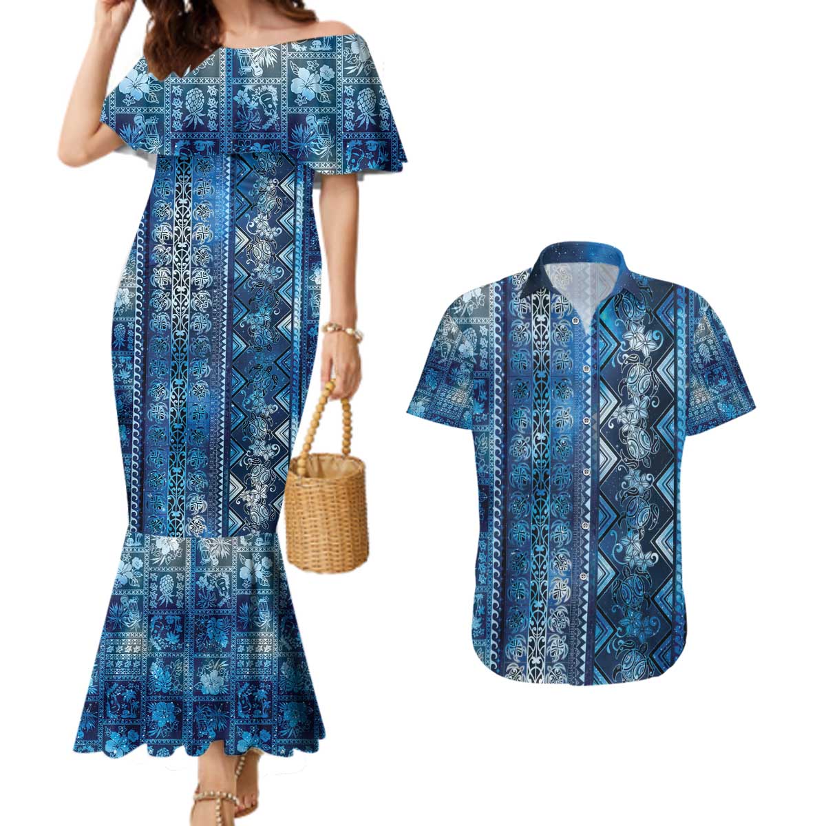 Hawaii Makahiki Turtle Couples Matching Mermaid Dress and Hawaiian Shirt Galaxy Tapa Pattern - Polynesian Pride