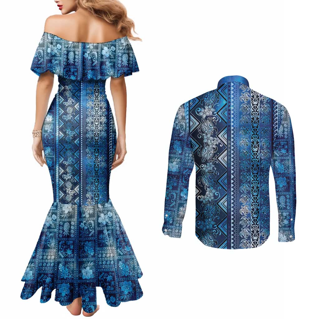 Hawaii Makahiki Turtle Couples Matching Mermaid Dress and Long Sleeve Button Shirt Galaxy Tapa Pattern - Polynesian Pride