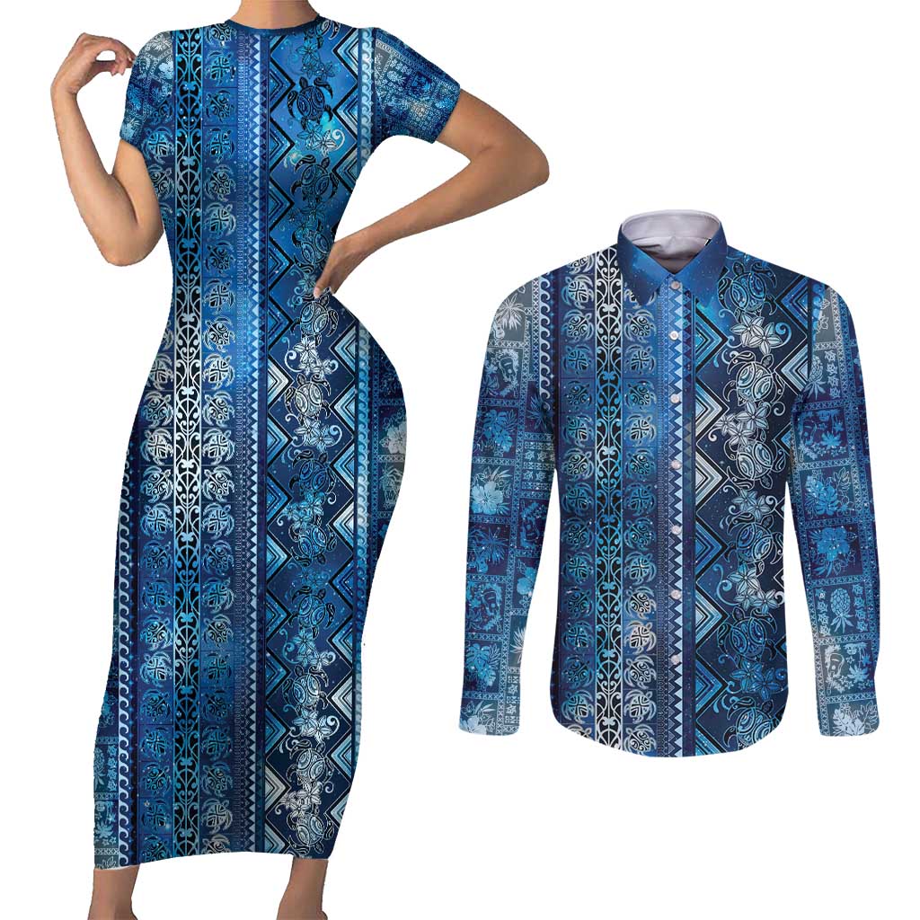 Hawaii Makahiki Turtle Couples Matching Short Sleeve Bodycon Dress and Long Sleeve Button Shirt Galaxy Tapa Pattern LT05 Galaxy - Polynesian Pride