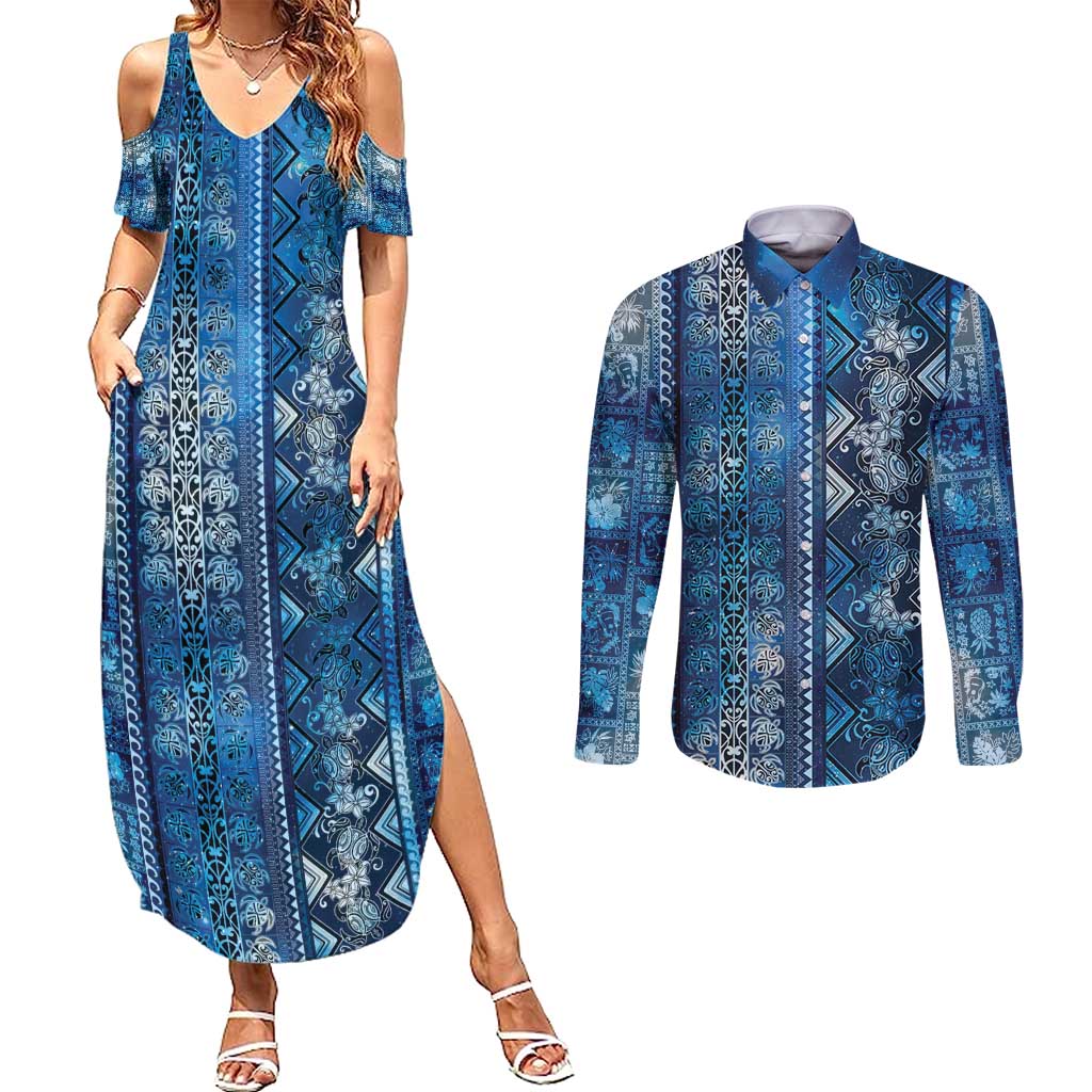 Hawaii Makahiki Turtle Couples Matching Summer Maxi Dress and Long Sleeve Button Shirt Galaxy Tapa Pattern LT05 Galaxy - Polynesian Pride