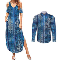 Hawaii Makahiki Turtle Couples Matching Summer Maxi Dress and Long Sleeve Button Shirt Galaxy Tapa Pattern LT05 Galaxy - Polynesian Pride