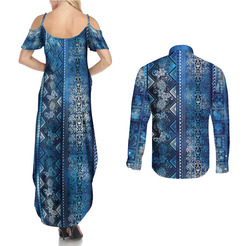 Hawaii Makahiki Turtle Couples Matching Summer Maxi Dress and Long Sleeve Button Shirt Galaxy Tapa Pattern LT05 - Polynesian Pride
