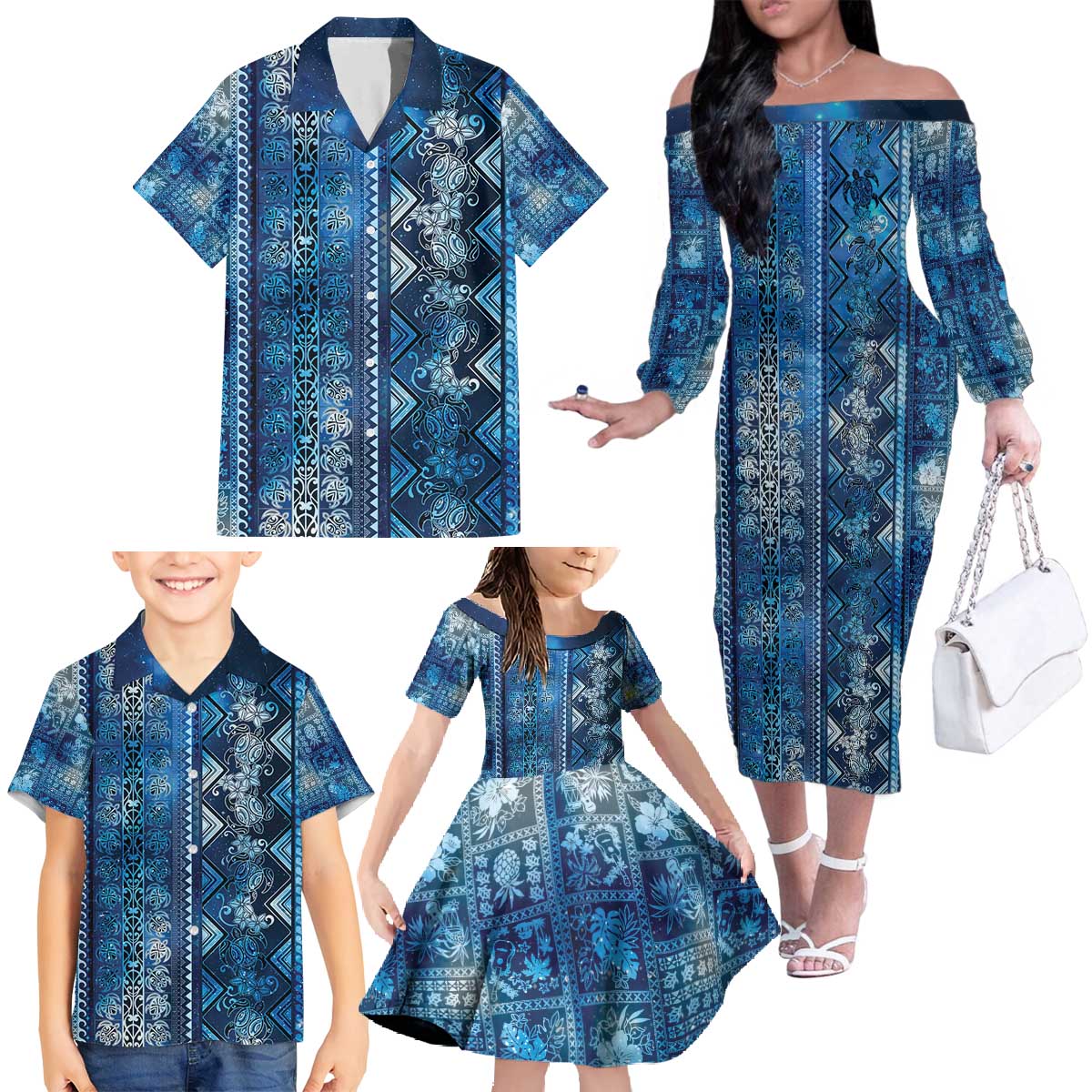 Hawaii Makahiki Turtle Family Matching Off The Shoulder Long Sleeve Dress and Hawaiian Shirt Galaxy Tapa Pattern LT05 - Polynesian Pride