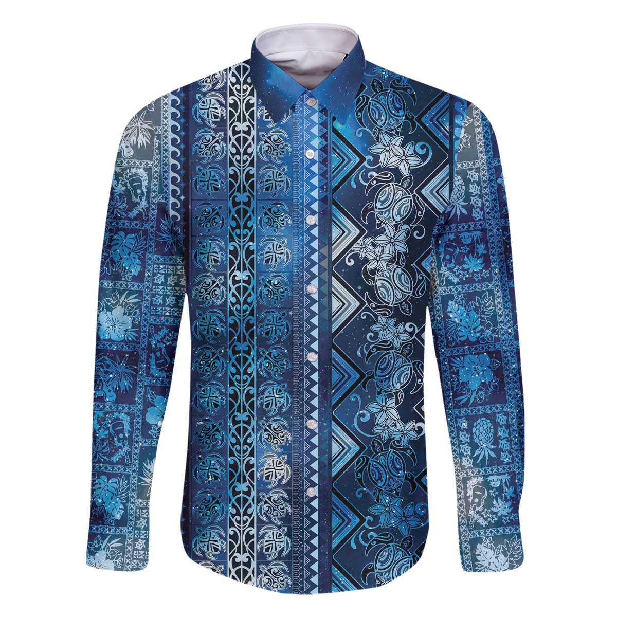 Hawaii Makahiki Turtle Family Matching Off The Shoulder Long Sleeve Dress and Hawaiian Shirt Galaxy Tapa Pattern LT05 Dad's Shirt - Long Sleeve Galaxy - Polynesian Pride
