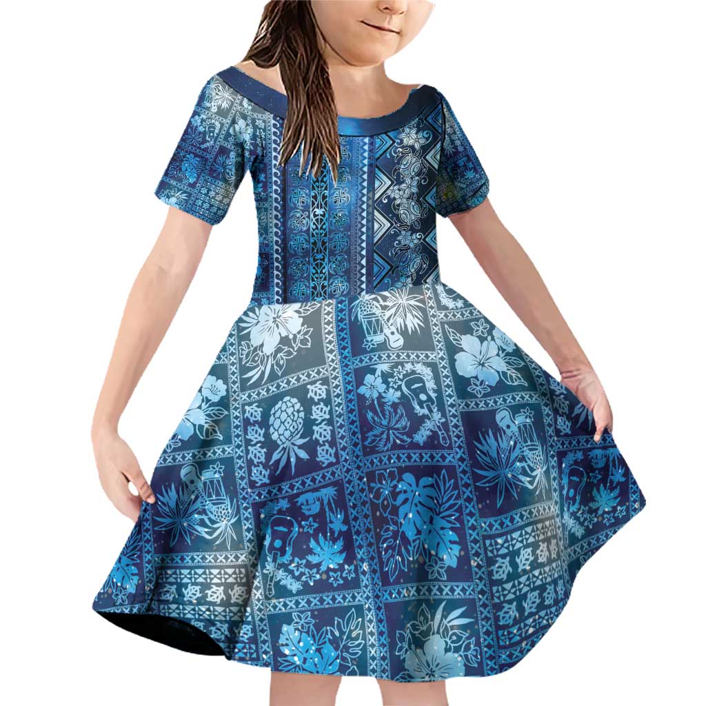 Hawaii Makahiki Turtle Family Matching Off Shoulder Short Dress and Hawaiian Shirt Galaxy Tapa Pattern LT05 Daughter's Dress Galaxy - Polynesian Pride