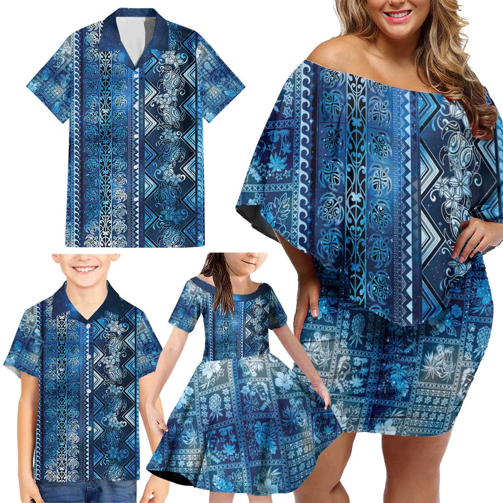 Hawaii Makahiki Turtle Family Matching Off Shoulder Short Dress and Hawaiian Shirt Galaxy Tapa Pattern LT05 - Polynesian Pride