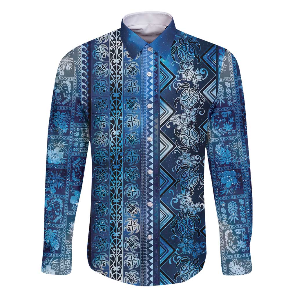 Hawaii Makahiki Turtle Family Matching Tank Maxi Dress and Hawaiian Shirt Galaxy Tapa Pattern LT05 Dad's Shirt - Long Sleeve Galaxy - Polynesian Pride