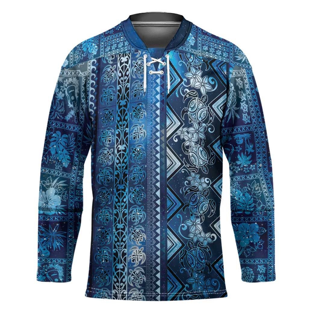 Hawaii Makahiki Turtle Hockey Jersey Galaxy Tapa Pattern - Polynesian Pride