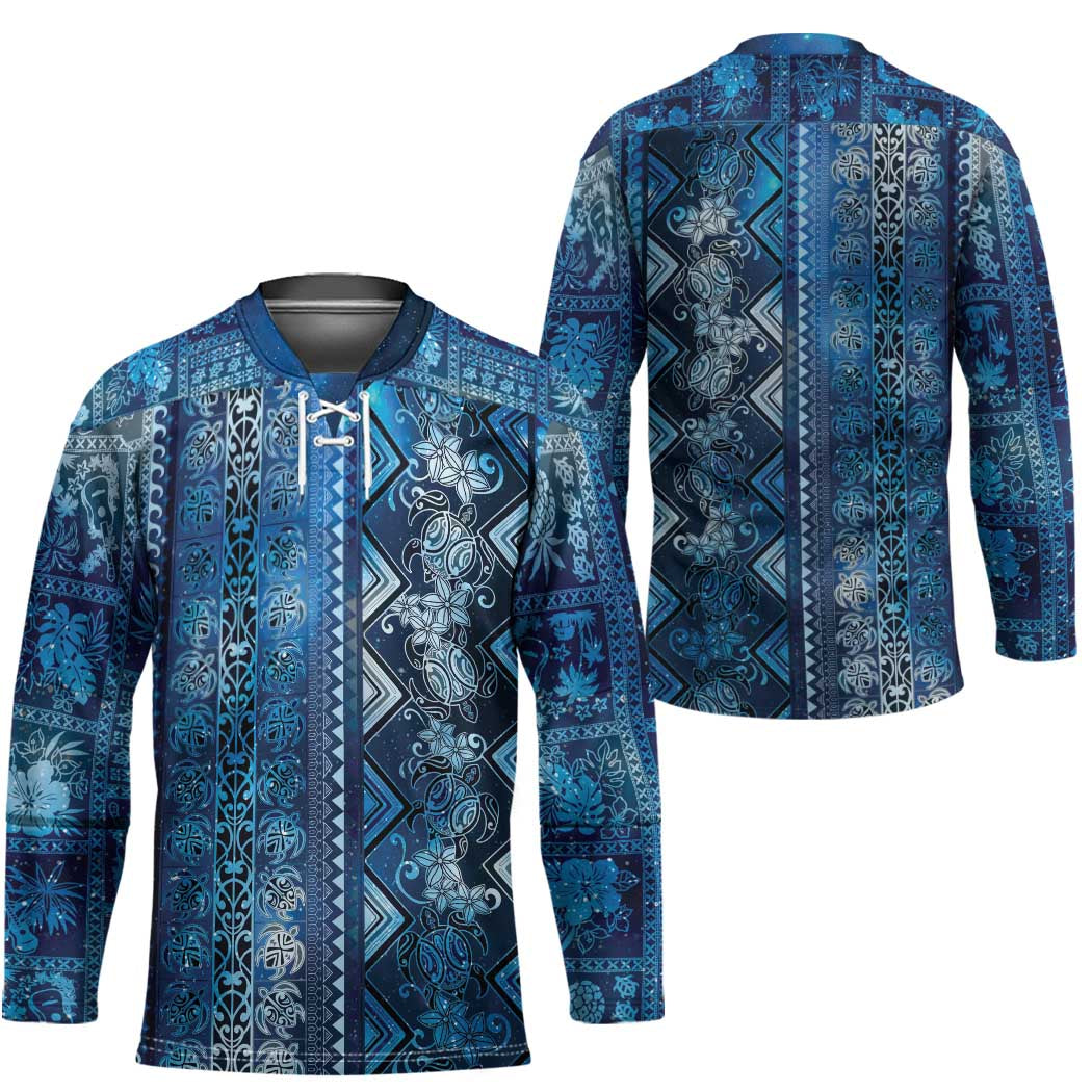 Hawaii Makahiki Turtle Hockey Jersey Galaxy Tapa Pattern - Polynesian Pride
