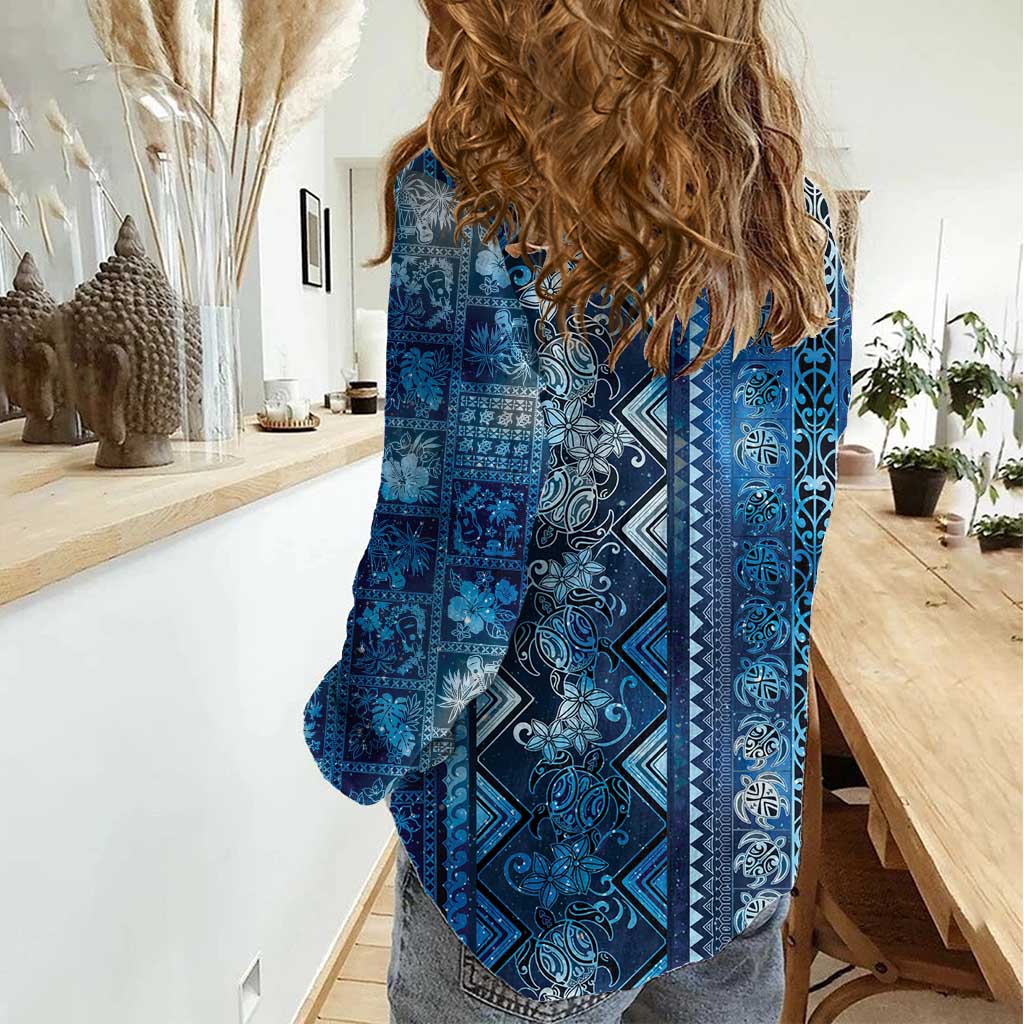 Hawaii Makahiki Turtle Women Casual Shirt Galaxy Tapa Pattern - Polynesian Pride