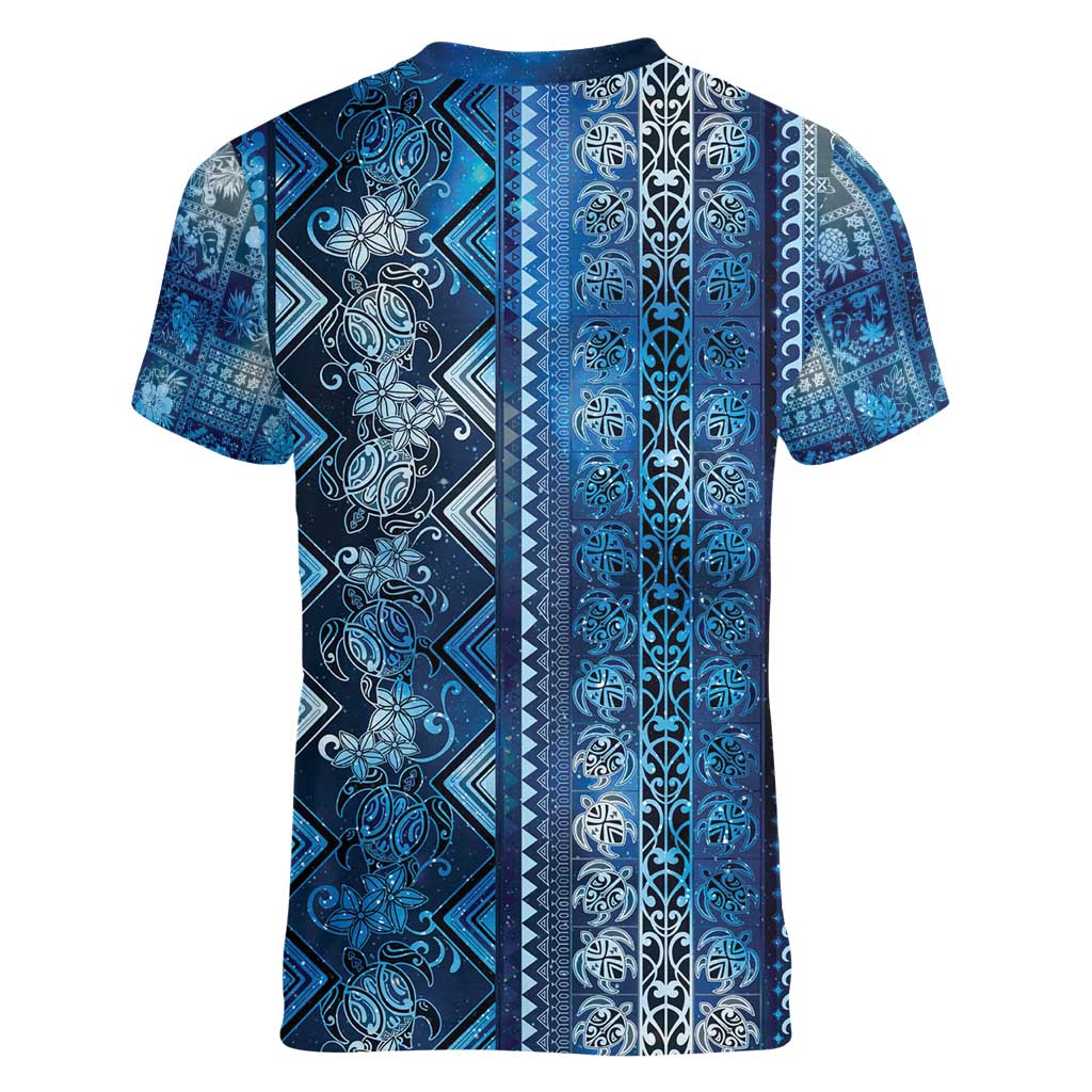 Hawaii Makahiki Turtle Women V-Neck T-Shirt Galaxy Tapa Pattern LT05 - Polynesian Pride