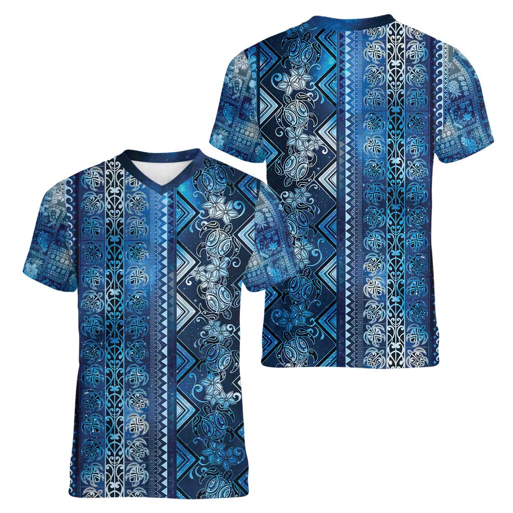 Hawaii Makahiki Turtle Women V-Neck T-Shirt Galaxy Tapa Pattern LT05 - Polynesian Pride