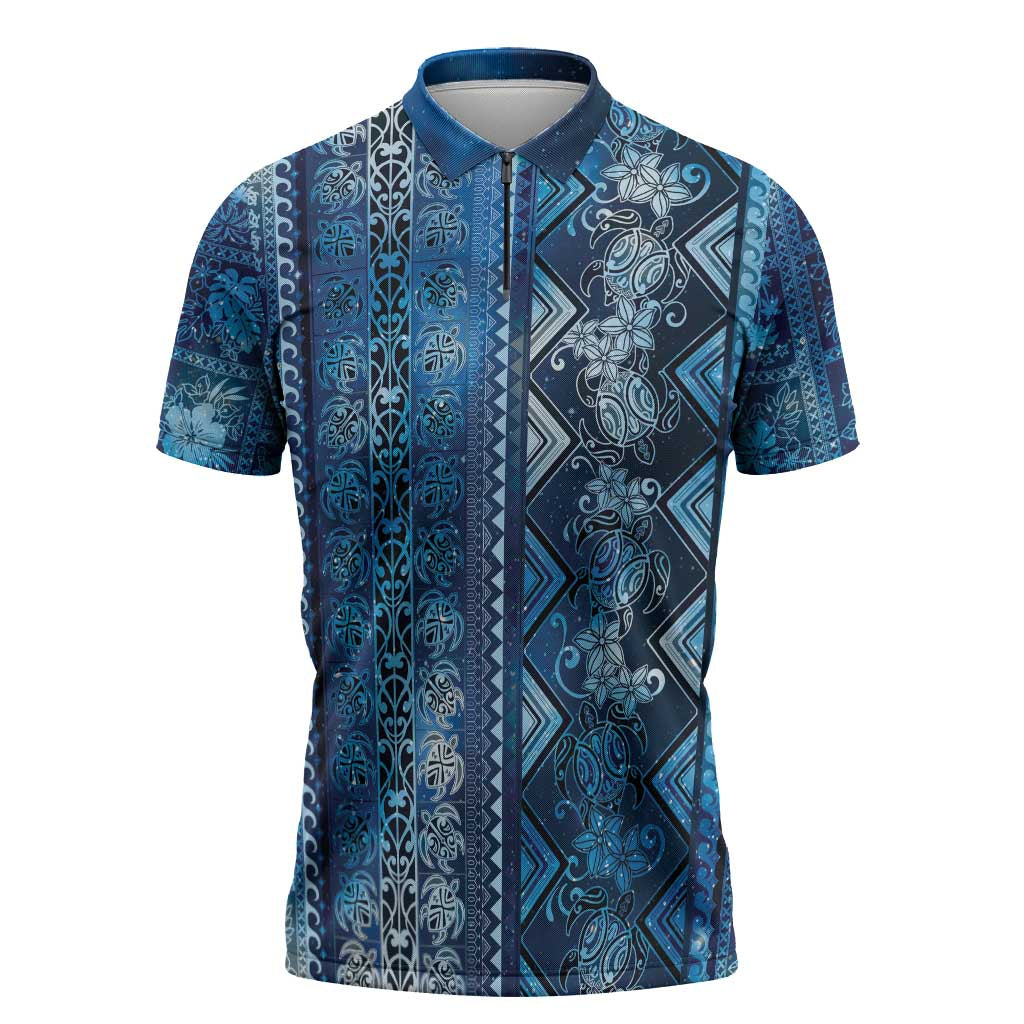 Hawaii Makahiki Turtle Zipper Polo Shirt Galaxy Tapa Pattern - Polynesian Pride