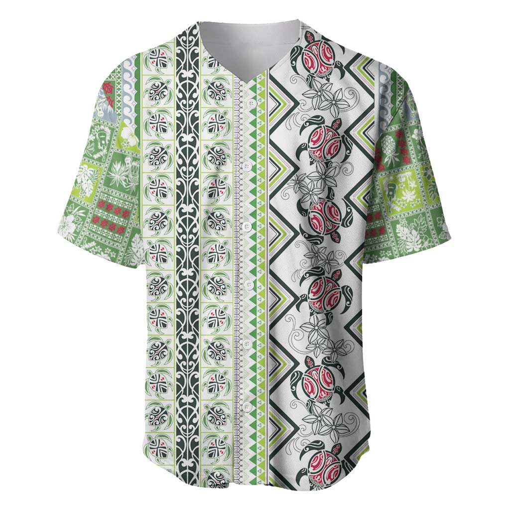 Hawaii Makahiki Turtle Baseball Jersey Green Tapa Pattern - Polynesian Pride