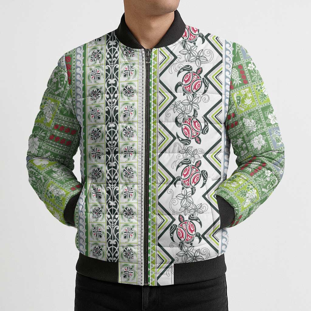 Hawaii Makahiki Turtle Bomber Puffer Jacket Green Tapa Pattern - Polynesian Pride