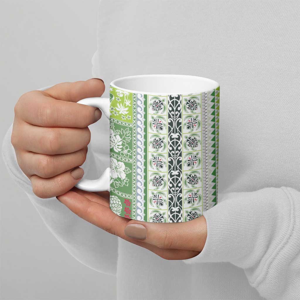 Hawaii Makahiki Turtle Ceramic Mug Green Tapa Pattern - Polynesian Pride