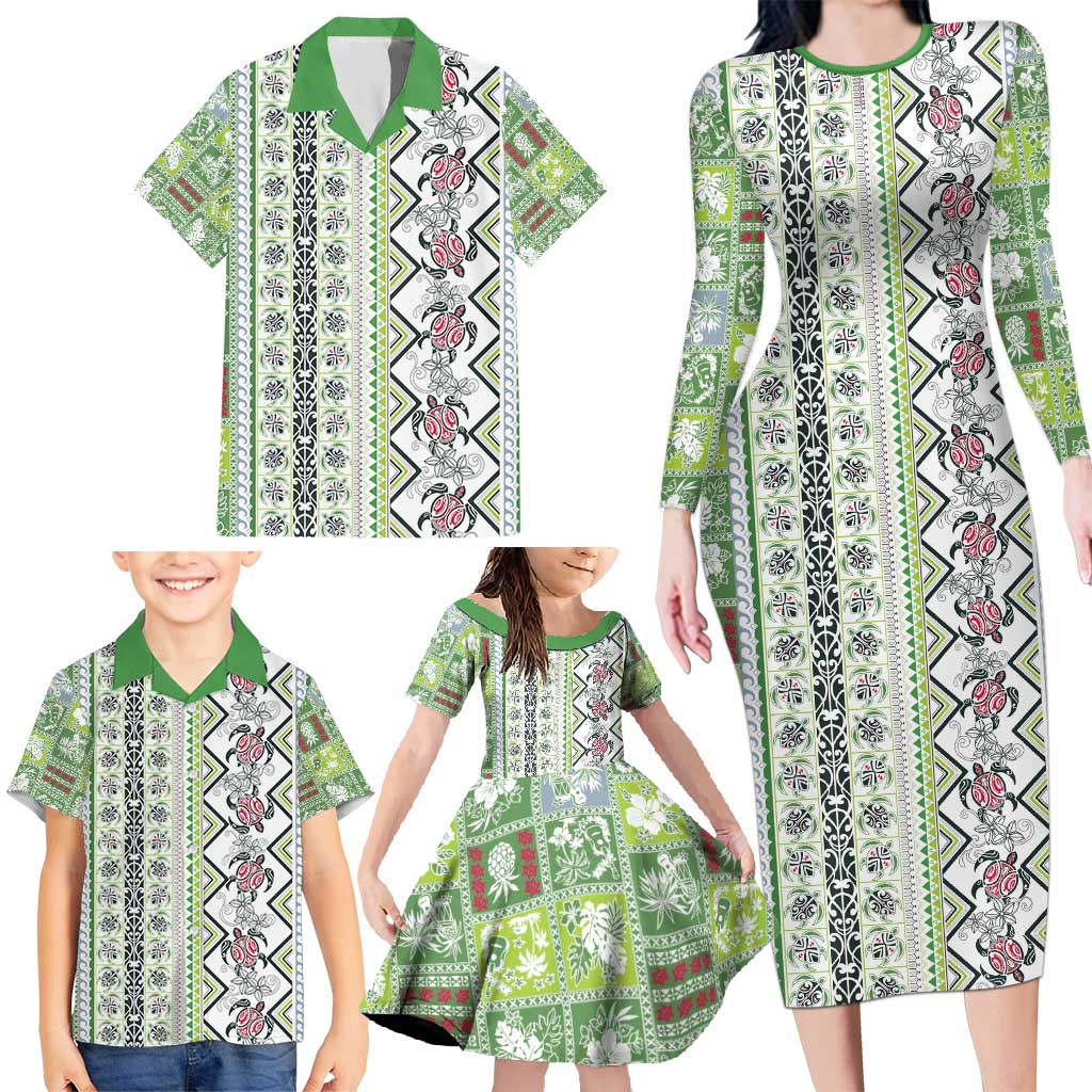 Hawaii Makahiki Turtle Family Matching Long Sleeve Bodycon Dress and Hawaiian Shirt Green Tapa Pattern LT05 - Polynesian Pride