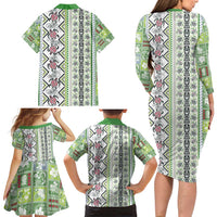 Hawaii Makahiki Turtle Family Matching Long Sleeve Bodycon Dress and Hawaiian Shirt Green Tapa Pattern LT05 - Polynesian Pride