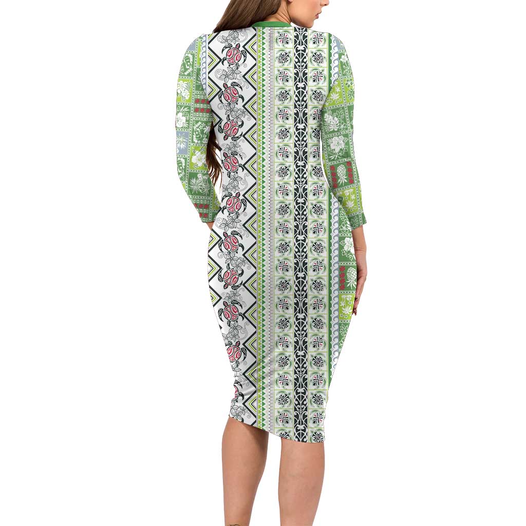 Hawaii Makahiki Turtle Family Matching Long Sleeve Bodycon Dress and Hawaiian Shirt Green Tapa Pattern LT05 - Polynesian Pride