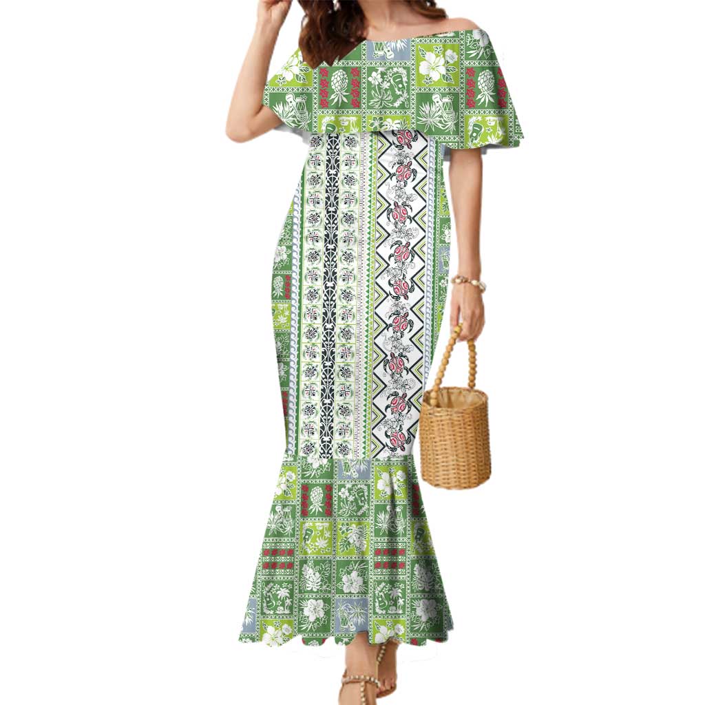 Hawaii Makahiki Turtle Family Matching Mermaid Dress and Hawaiian Shirt Green Tapa Pattern LT05 Mom's Dress Green - Polynesian Pride