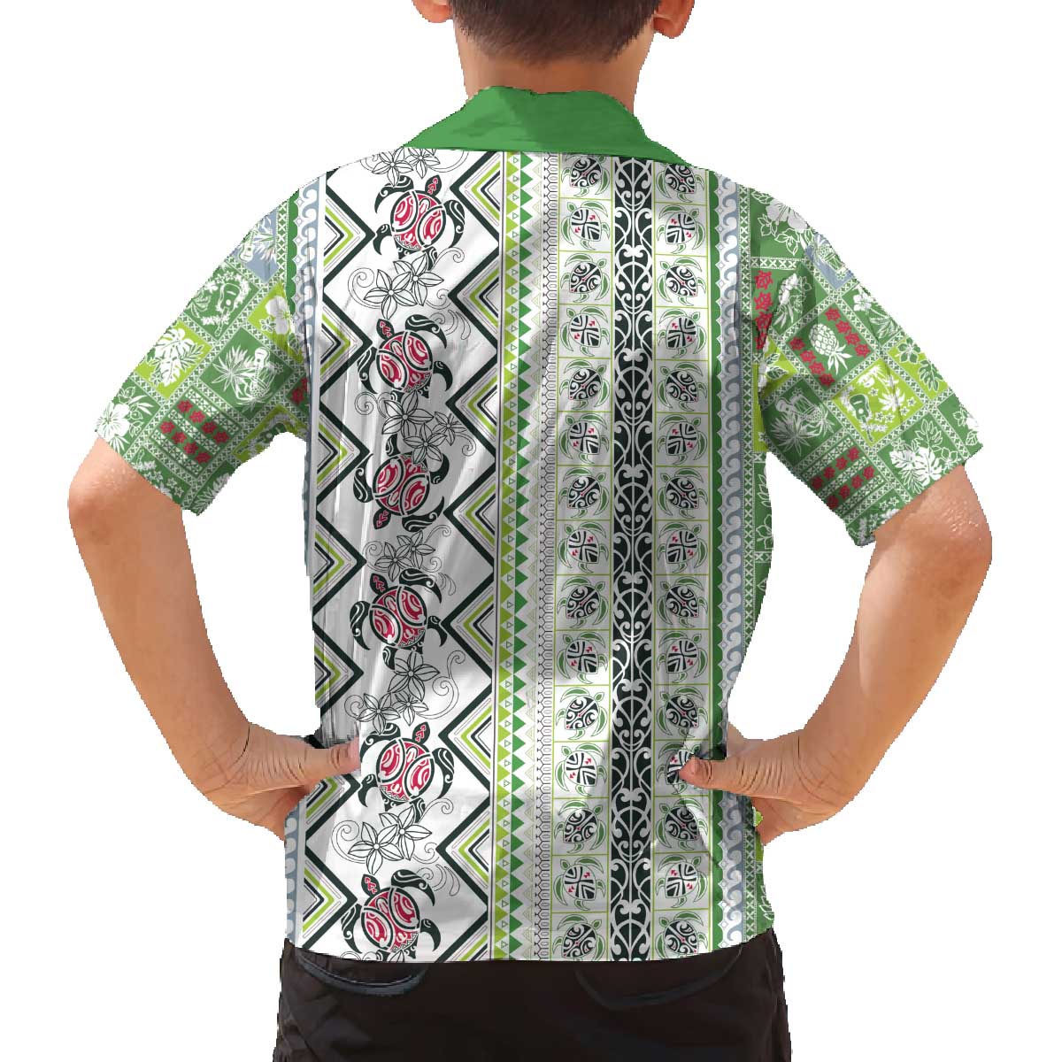Hawaii Makahiki Turtle Family Matching Off The Shoulder Long Sleeve Dress and Hawaiian Shirt Green Tapa Pattern LT05 - Polynesian Pride
