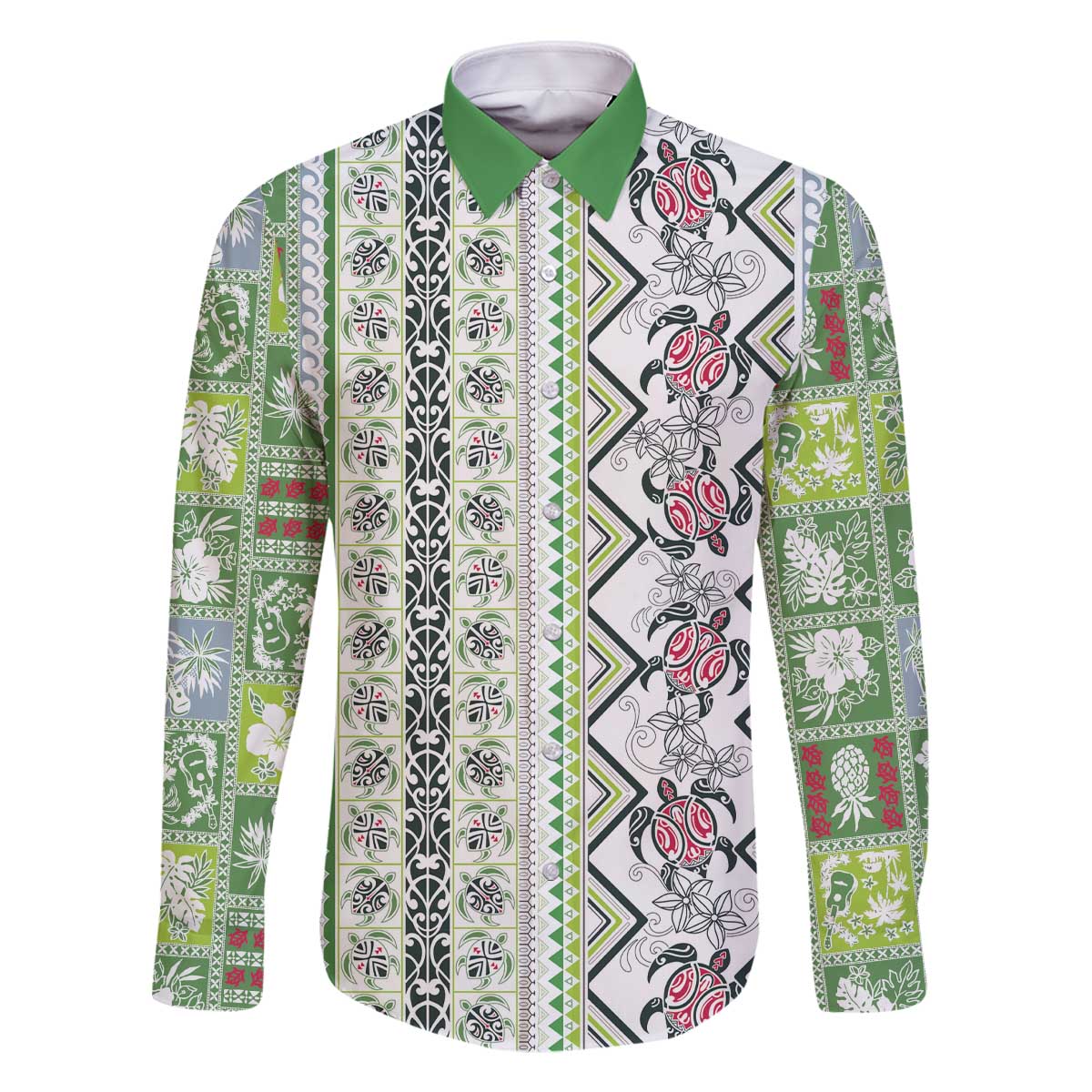 Hawaii Makahiki Turtle Family Matching Off The Shoulder Long Sleeve Dress and Hawaiian Shirt Green Tapa Pattern LT05 Dad's Shirt - Long Sleeve Green - Polynesian Pride