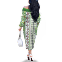 Hawaii Makahiki Turtle Family Matching Off The Shoulder Long Sleeve Dress and Hawaiian Shirt Green Tapa Pattern LT05 - Polynesian Pride