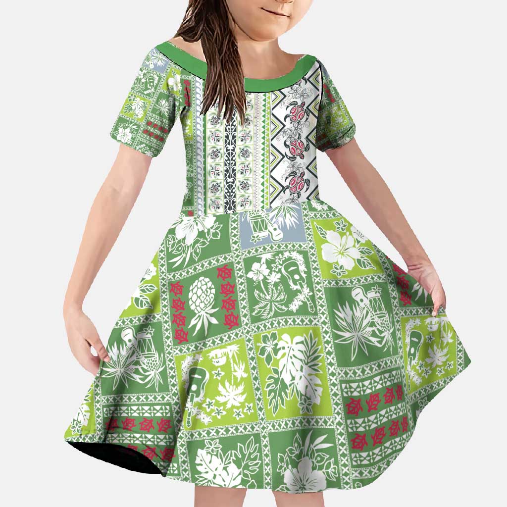 Hawaii Makahiki Turtle Family Matching Off Shoulder Maxi Dress and Hawaiian Shirt Green Tapa Pattern LT05 Daughter's Dress Green - Polynesian Pride