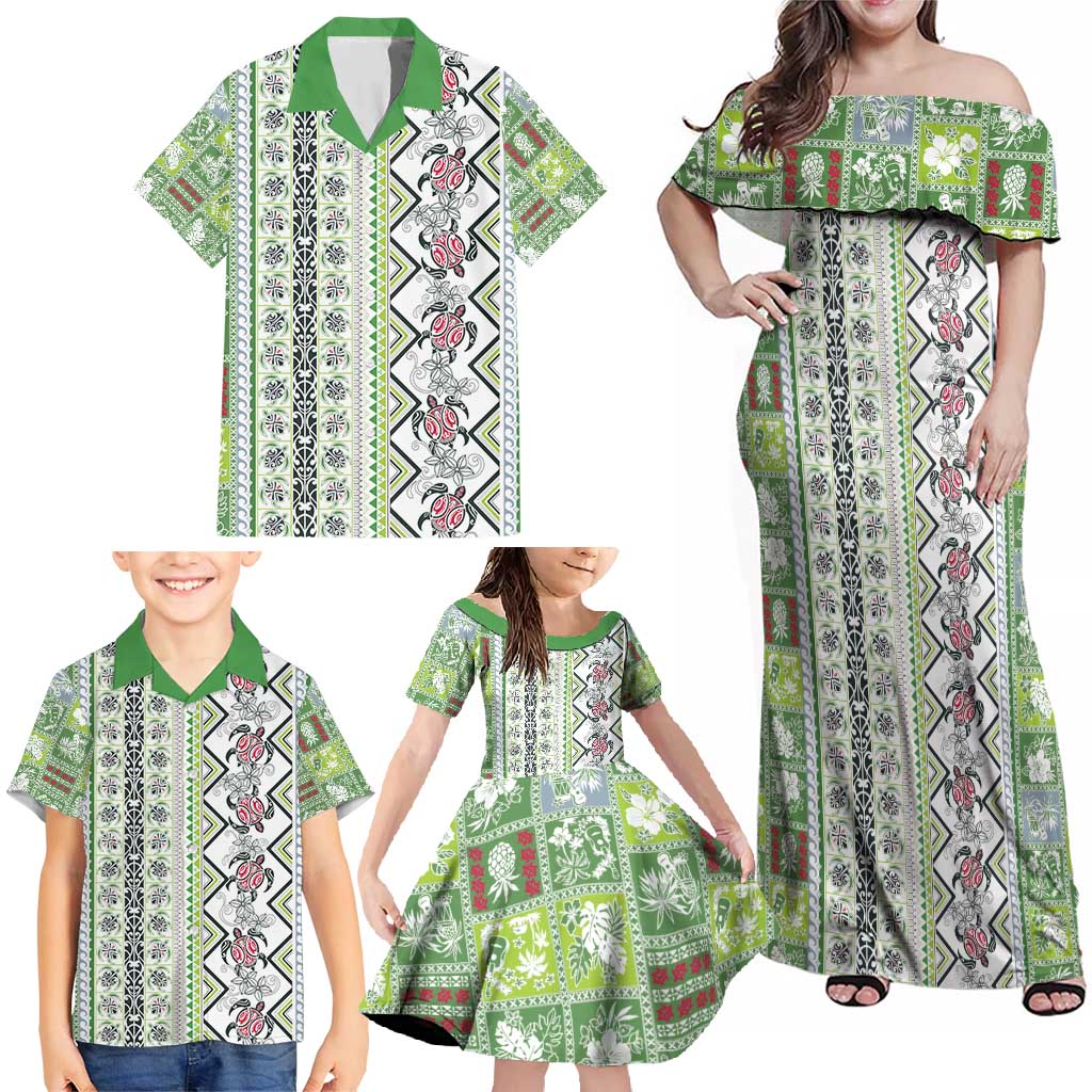 Hawaii Makahiki Turtle Family Matching Off Shoulder Maxi Dress and Hawaiian Shirt Green Tapa Pattern LT05 - Polynesian Pride