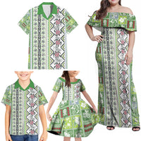 Hawaii Makahiki Turtle Family Matching Off Shoulder Maxi Dress and Hawaiian Shirt Green Tapa Pattern LT05 - Polynesian Pride