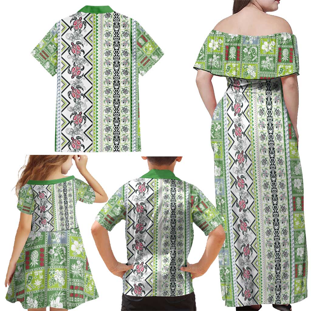 Hawaii Makahiki Turtle Family Matching Off Shoulder Maxi Dress and Hawaiian Shirt Green Tapa Pattern LT05 - Polynesian Pride