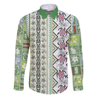 Hawaii Makahiki Turtle Family Matching Off Shoulder Maxi Dress and Hawaiian Shirt Green Tapa Pattern LT05 Dad's Shirt - Long Sleeve Green - Polynesian Pride