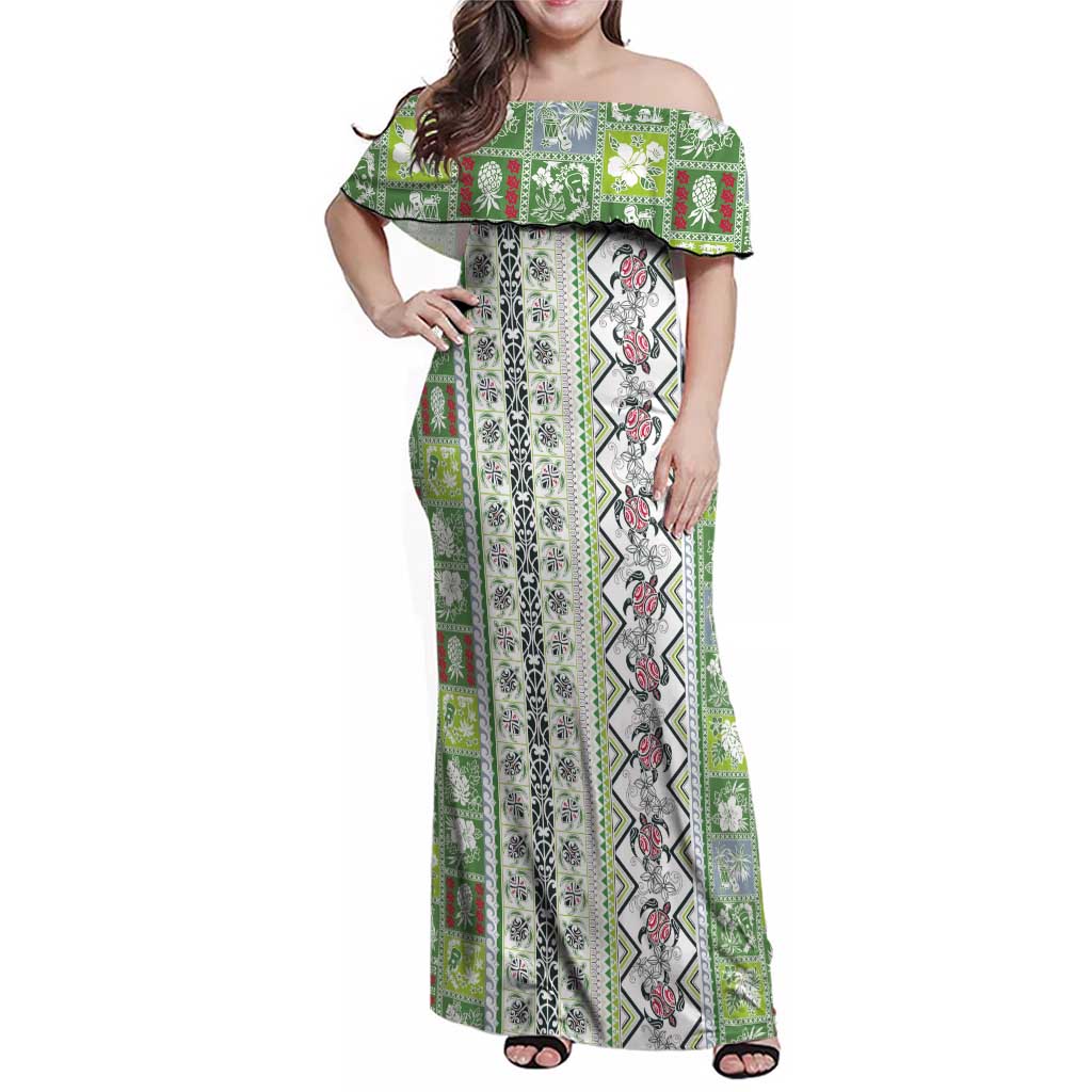 Hawaii Makahiki Turtle Family Matching Off Shoulder Maxi Dress and Hawaiian Shirt Green Tapa Pattern LT05 Mom's Dress Green - Polynesian Pride
