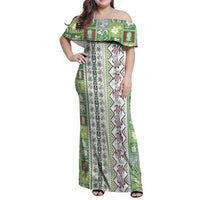 Hawaii Makahiki Turtle Family Matching Off Shoulder Maxi Dress and Hawaiian Shirt Green Tapa Pattern LT05 Mom's Dress Green - Polynesian Pride