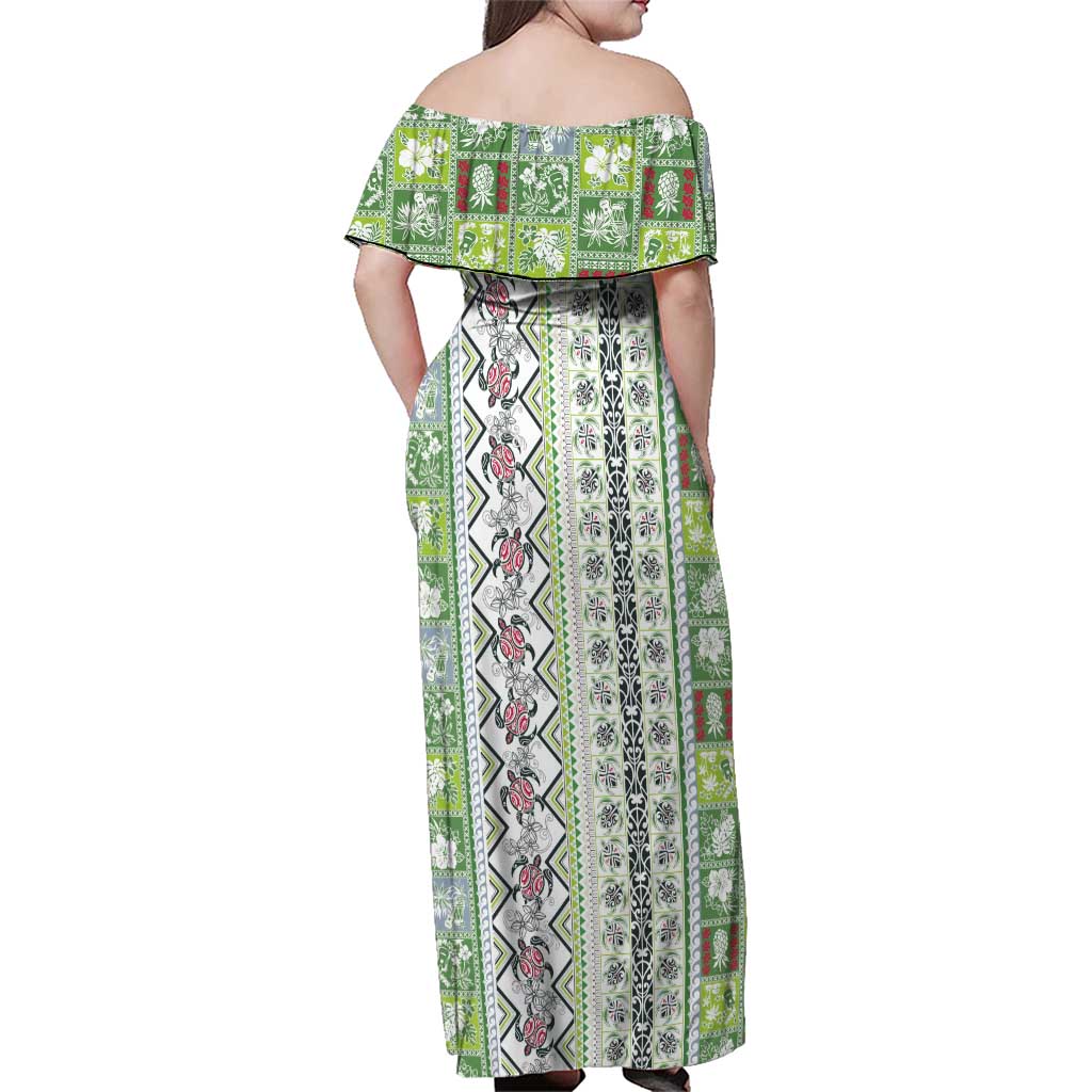 Hawaii Makahiki Turtle Family Matching Off Shoulder Maxi Dress and Hawaiian Shirt Green Tapa Pattern LT05 - Polynesian Pride