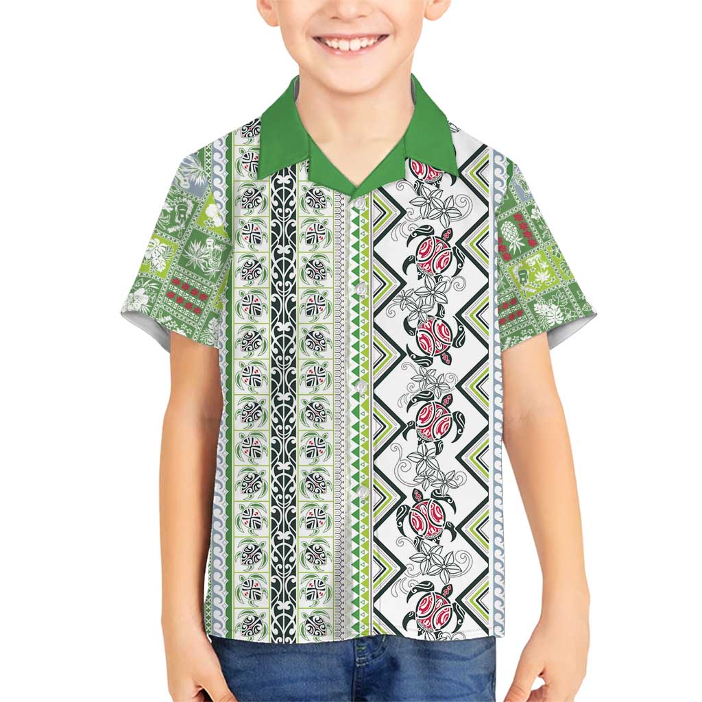 Hawaii Makahiki Turtle Family Matching Off Shoulder Maxi Dress and Hawaiian Shirt Green Tapa Pattern LT05 Son's Shirt Green - Polynesian Pride