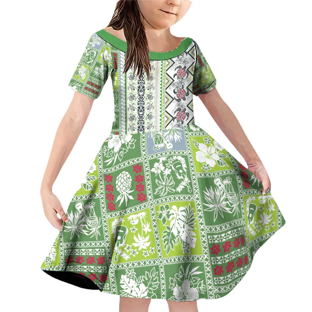 Hawaii Makahiki Turtle Family Matching Off Shoulder Short Dress and Hawaiian Shirt Green Tapa Pattern LT05 Daughter's Dress Green - Polynesian Pride