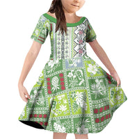 Hawaii Makahiki Turtle Family Matching Off Shoulder Short Dress and Hawaiian Shirt Green Tapa Pattern LT05 Daughter's Dress Green - Polynesian Pride